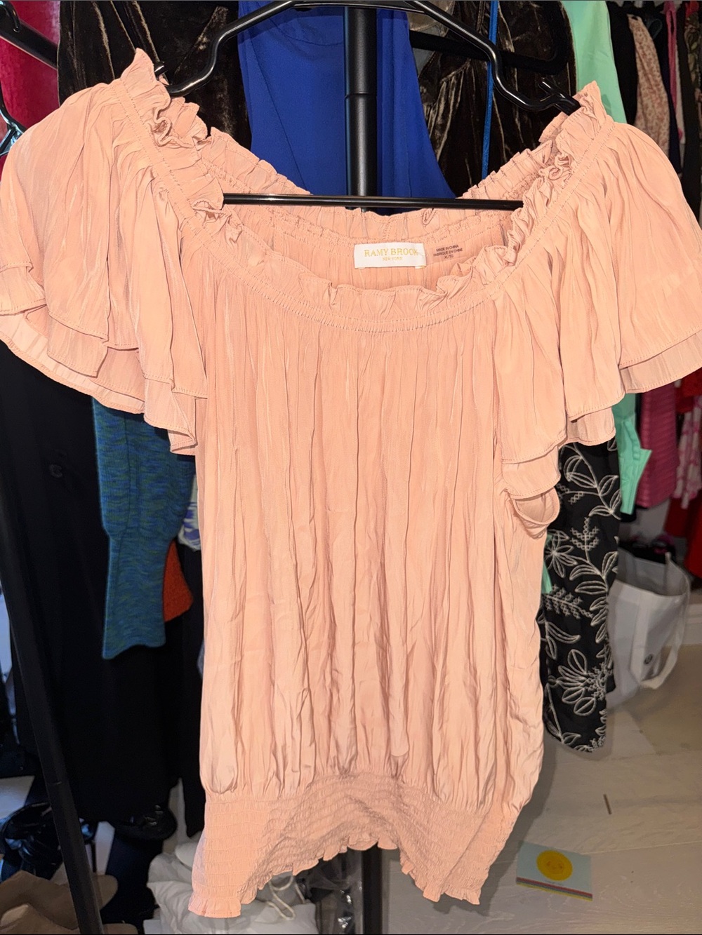 Ramy Brook Blush Pink Off-Shoulder Ruffle Tunic Top